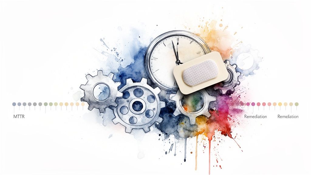 Watercolor illustration of gears, a clock, and a band-aid representing IT remediation and MTTR.