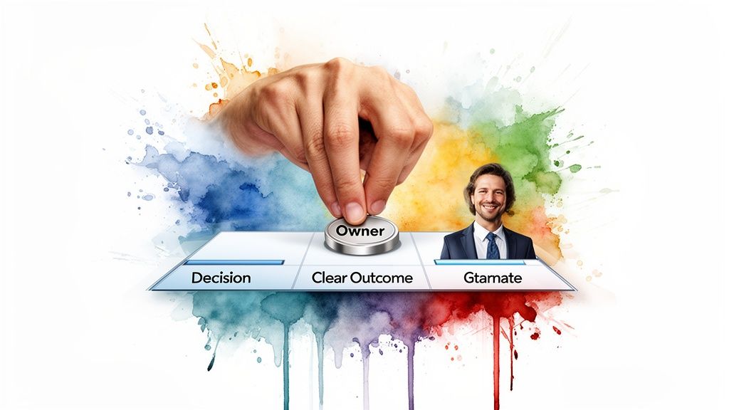 A hand places an 'Owner' token on a path with 'Decision' and 'Clear Outcome' labels.