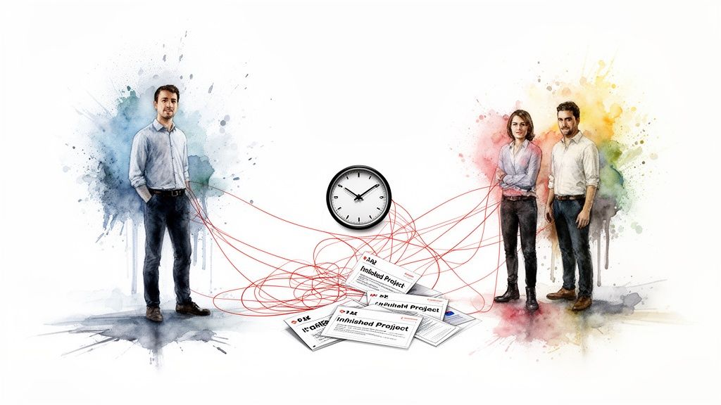 Watercolor illustration of people, a clock, documents, and red lines symbolizing project management and workflow.