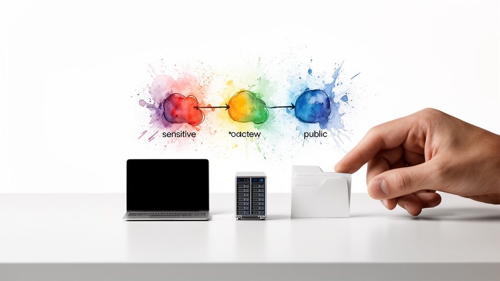 Diagram illustrates data flow from sensitive (red) to public (blue) via clouds, with tech devices.