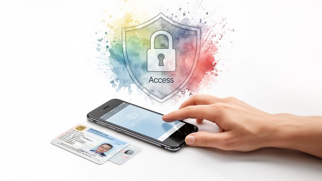 A hand uses a smartphone next to identification cards, with a shield and padlock symbolizing secure access.