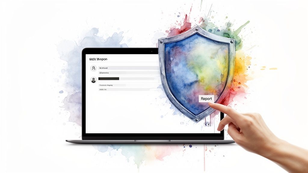 A hand interacts with a colorful shield on a laptop, clicking 'Report' for digital security.
