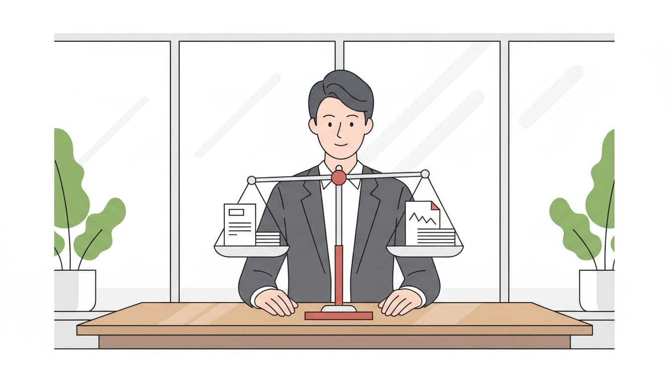 Modern illustration of an executive at a desk with hands relaxed, reviewing a balanced scale featuring a policy document on one side and an exception request on the other, in a calm office setting with natural lighting.