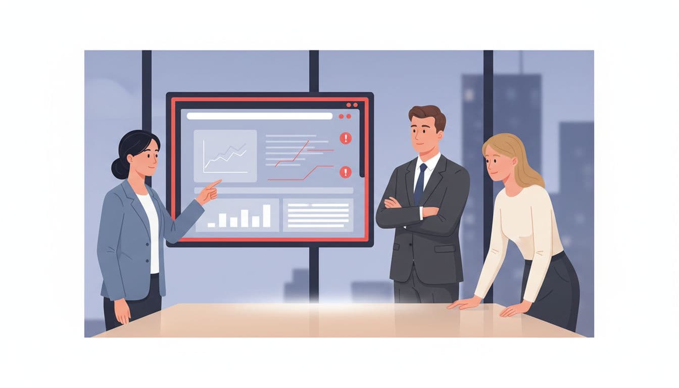 Modern illustration of exactly three professionals in a conference room calmly reviewing a vendor breach alert on a shared screen, with one pointing, using clean shapes and controlled colors accented by red highlights.