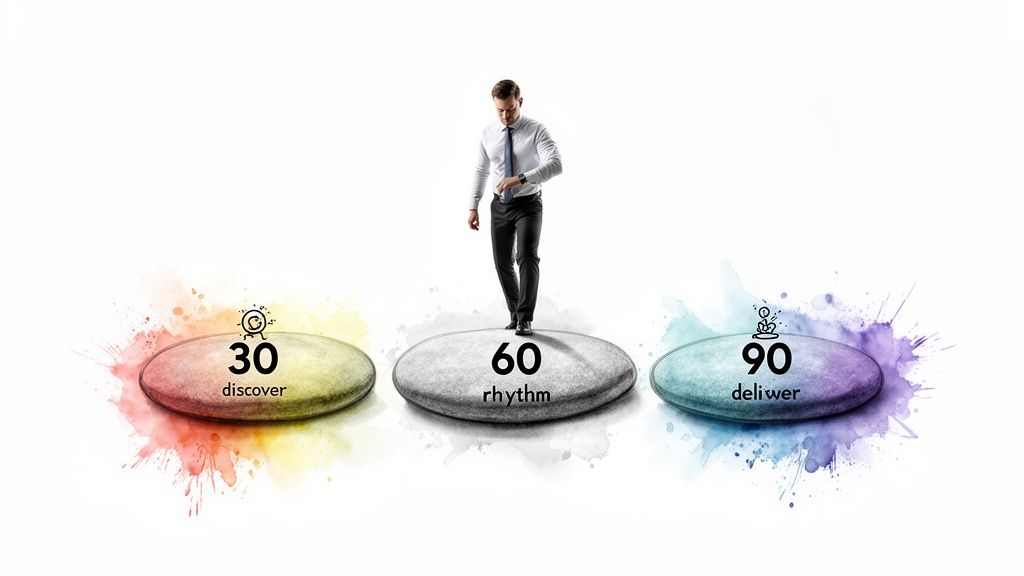 A businessman steps on a stone labeled '60 rhythm,' flanked by '30 discover' and '90 deliver' stones.