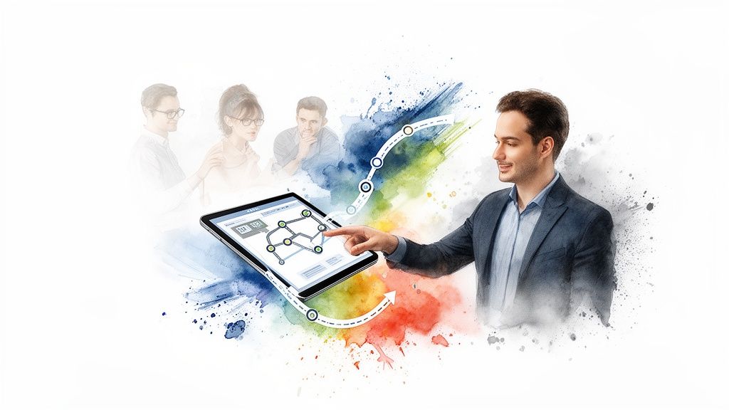 Smiling man interacts with a tablet showing data, with a colorful, modern business backdrop.