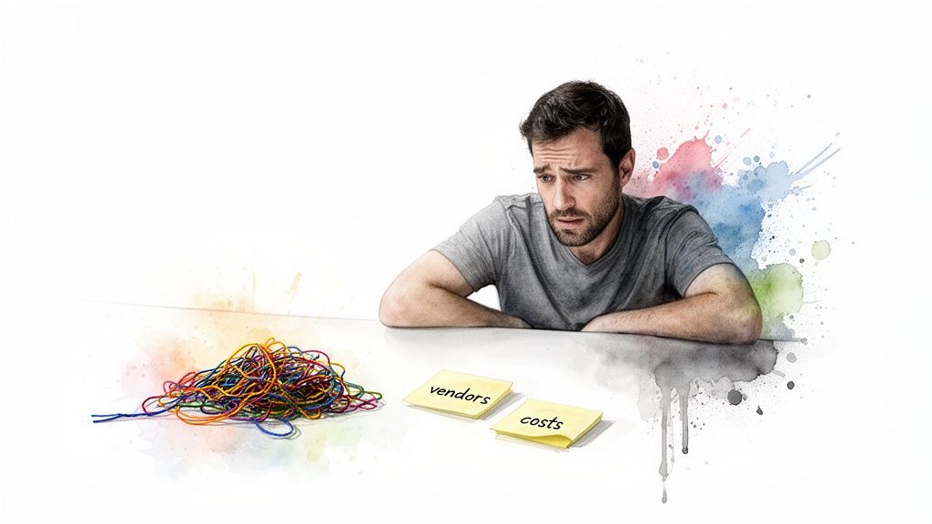Concerned man looks at tangled colorful strings and sticky notes labeled 'vendors' and 'costs', symbolizing business challenges.