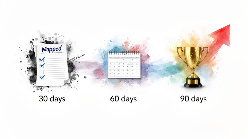 Mapped checklist, calendar, and golden trophy symbolizing a 90-day journey from planning to success.