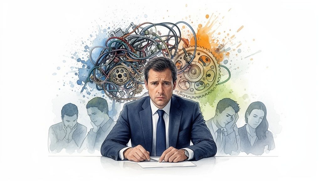 Stressed businessman with a tangled mind of wires and gears, surrounded by overwhelmed colleagues.