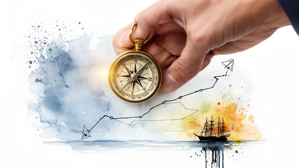A hand holds a vintage compass over a watercolor illustration of a rising graph and a ship.