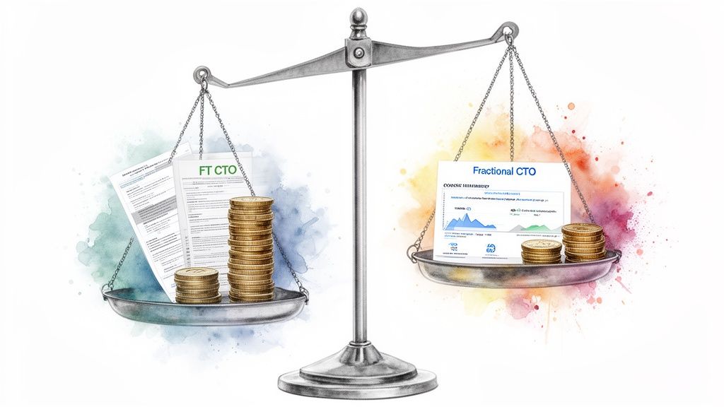 A scale balances Full-Time CTO documents and costs against Fractional CTO efficiency and value.