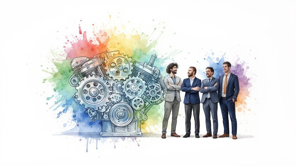 Four diverse businessmen stand next to a vibrant watercolor engine illustration representing technology and collaboration.