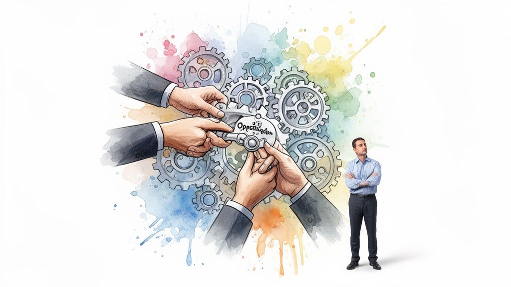 Hands collaborate to assemble gears, with 'Opportunity' on one, while a man observes thoughtfully amidst watercolor splashes.