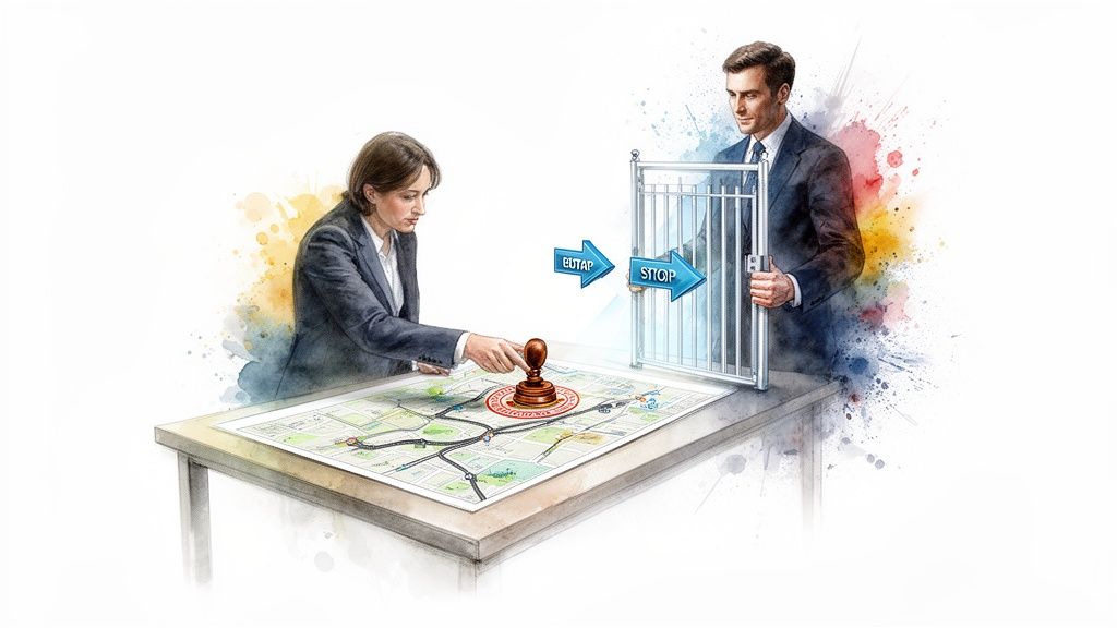 A businesswoman points to a map with a stamp, as a businessman holds a gate with STOP and EUTAP arrows.