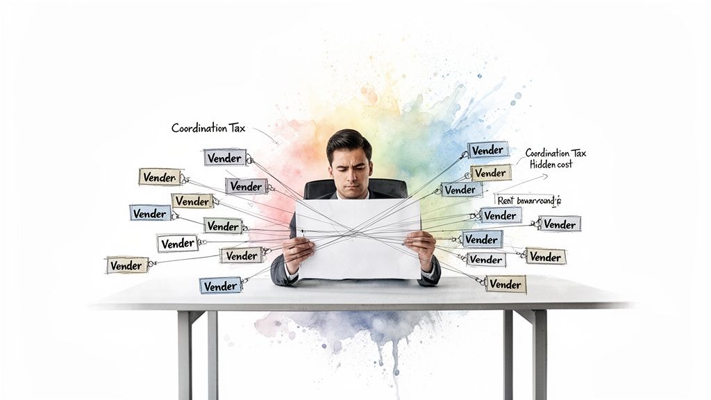 Man overwhelmed by a complex network of vendors and hidden costs, holding a tangled paper.