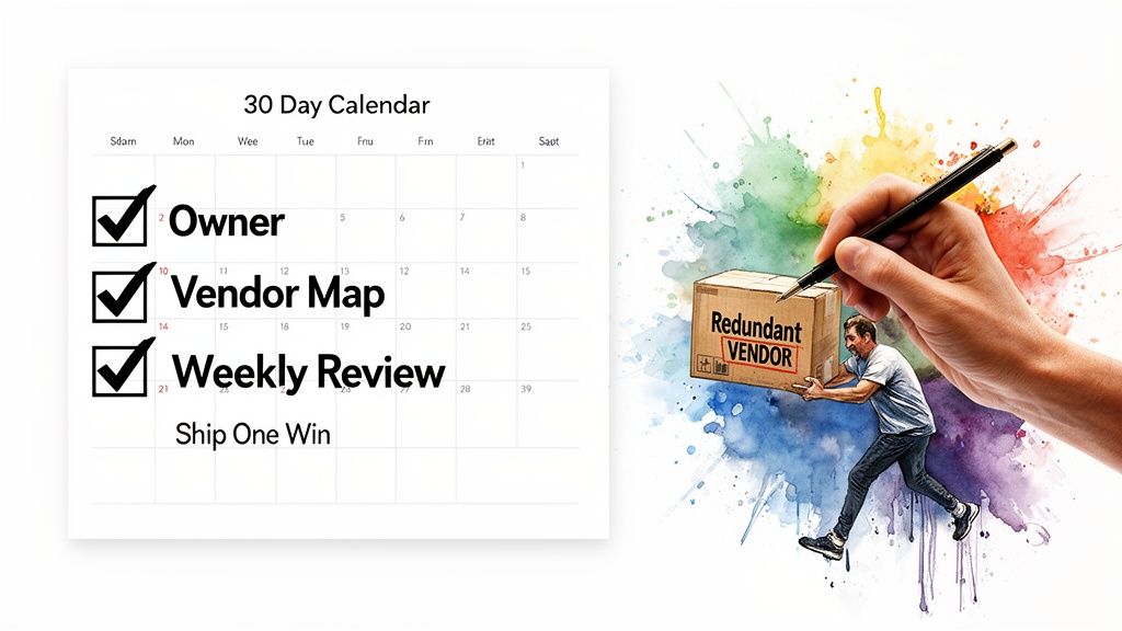 Calendar with a checklist for vendor management, showing a man carrying a 'Redundant VENDOR' box.