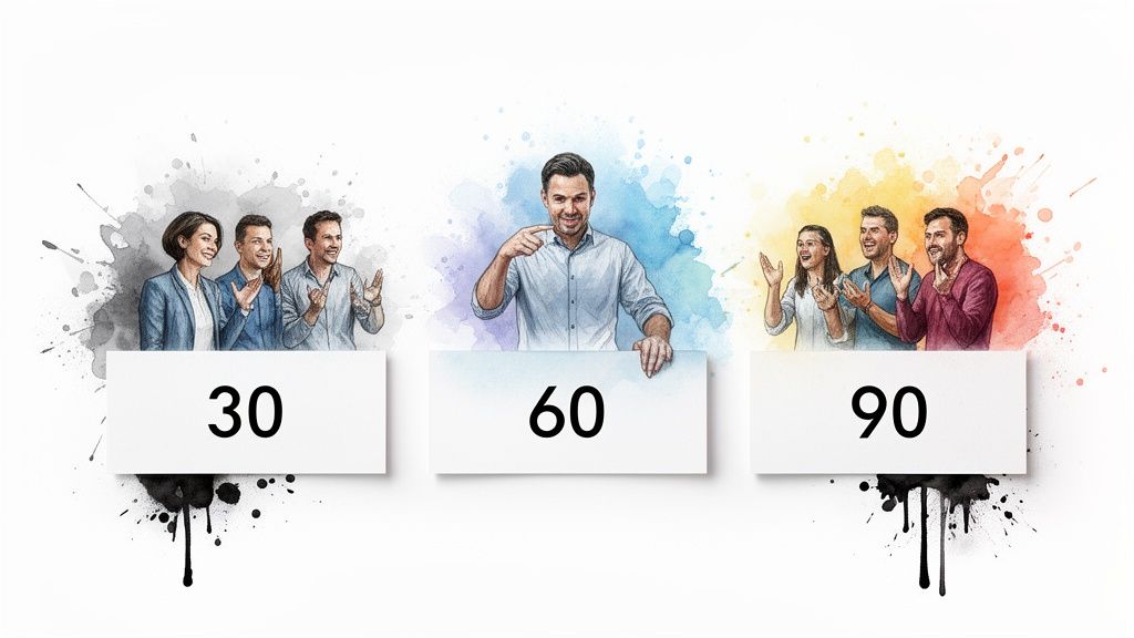 Three groups of business professionals celebrating milestones at 30, 60, and 90, with watercolor splashes.