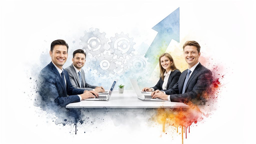 Four smiling business professionals working on laptops with gears and an upward arrow, symbolizing growth.