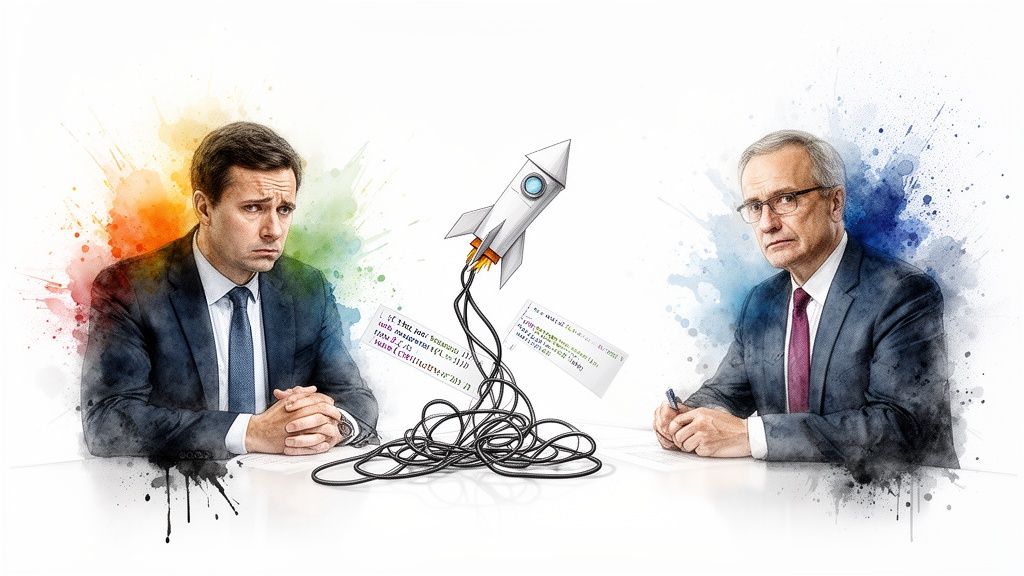 Two businessmen contemplating a launching rocket connected by tangled wires and code, symbolizing project challenges.