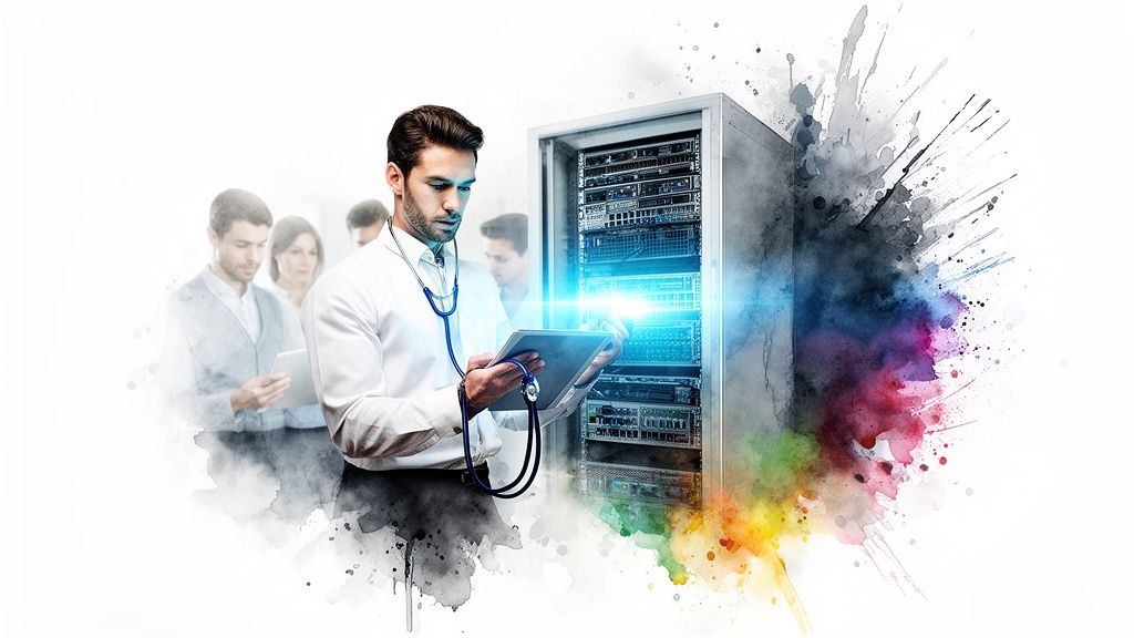 IT professional with stethoscope and tablet inspecting servers, surrounded by colorful watercolor splashes.