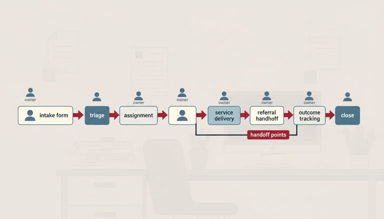 Modern illustration in clean shapes depicting a flowchart of intake-to-outcome stages for a legal nonprofit, featuring owner icons at each stage connected by arrows on a neutral office background.