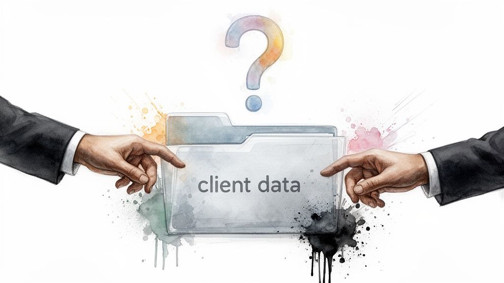 Two hands point towards a transparent folder labeled 'client data' with a large question mark above it.