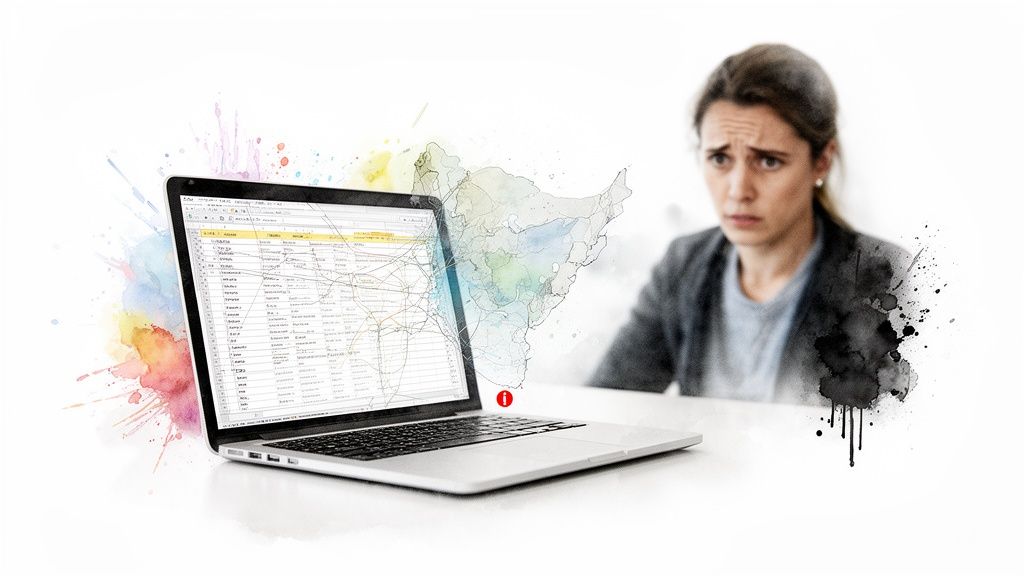 Frustrated woman analyzing a laptop displaying data and a risk map, highlighting a data privacy issue.