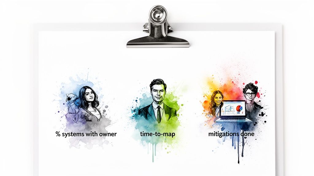 Three vibrant watercolor illustrations on a clipboard showing business metrics: systems with owner, time-to-map, and mitigations done.