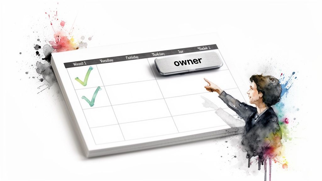 Watercolor person pointing at a calendar with tasks and an 'owner' tab, highlighting completed items.