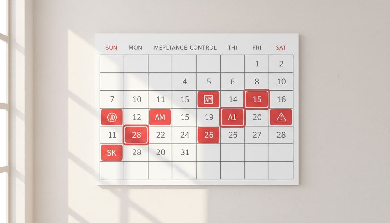 Modern illustration of a simple wall calendar in an office setting, marked with compliance control tasks assigned to specific owners on dates.