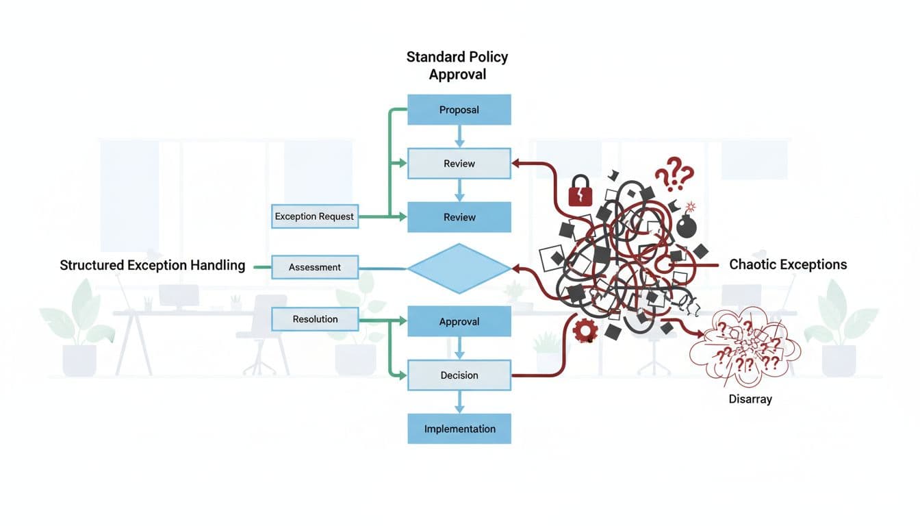 Modern illustration of a flowchart showing a clear policy approval process and a tangled exceptions path leading to chaos icons like broken locks and question marks on a simple office background.