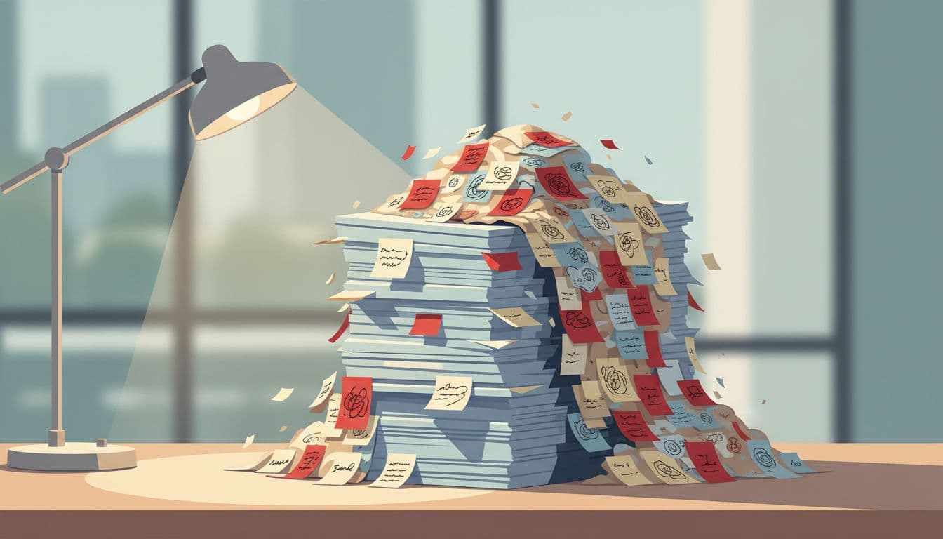 Modern illustration of a stack of official policy documents crumbling under a pile of handwritten exception notes and red-accented sticky notes on an office desk, featuring clean shapes, controlled colors, soft lighting, and strong central composition with no people or text.