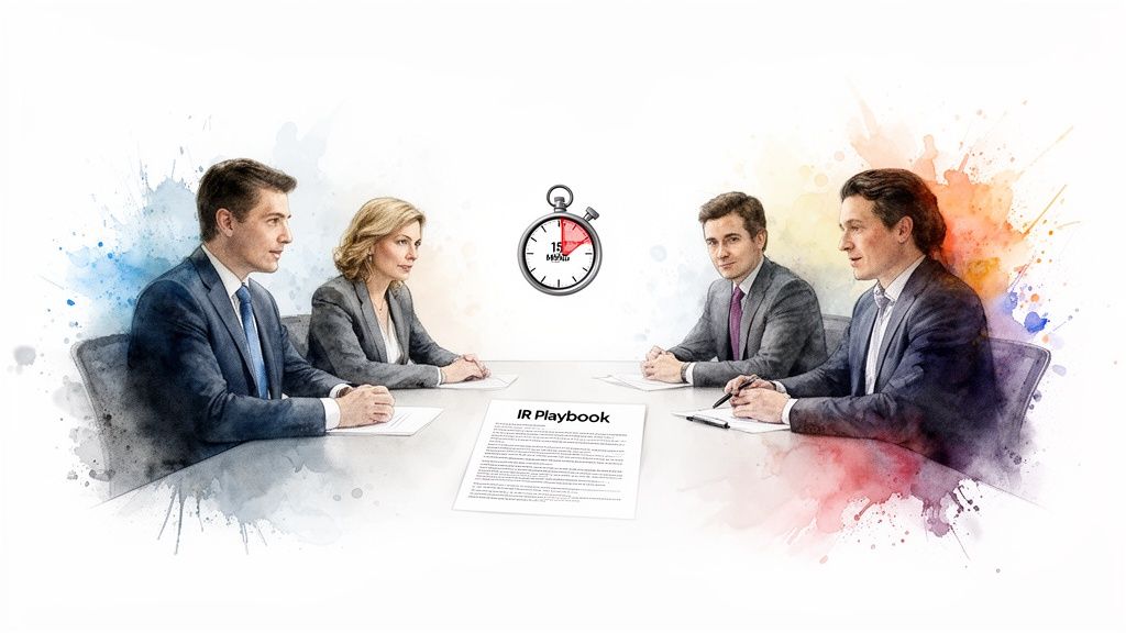 Four business people in a watercolor illustration discuss an 'IR Playbook' document, with a 15-minute stopwatch.