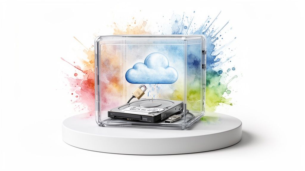 A hard drive in a clear case with a cloud and padlock, symbolizing data security and cloud storage.