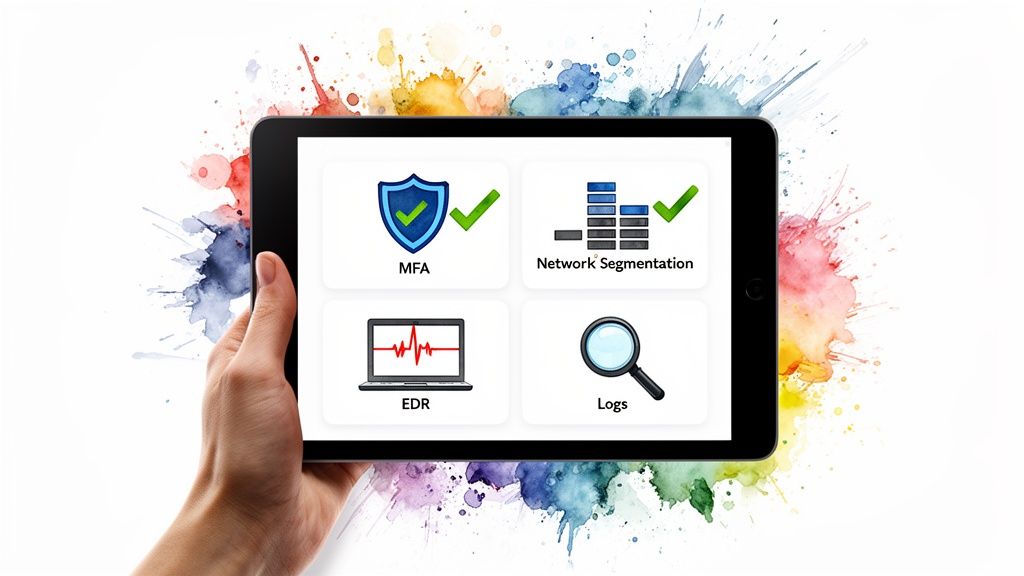A tablet displays a ransomware readiness checklist with icons for MFA, Network Segmentation, EDR, and Logs.