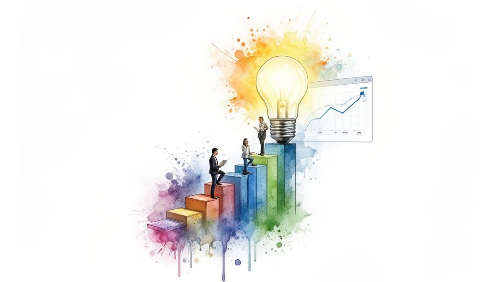 Business professionals climb colorful bar graph stairs towards a glowing lightbulb and growth chart.