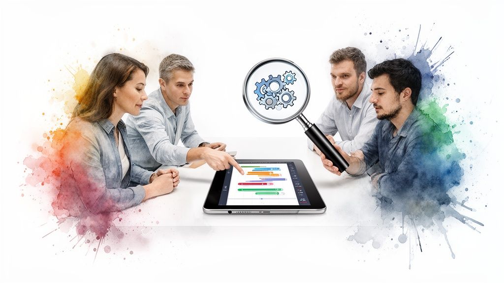 Four people collaborating around a tablet, using a magnifying glass with gears for problem-solving.