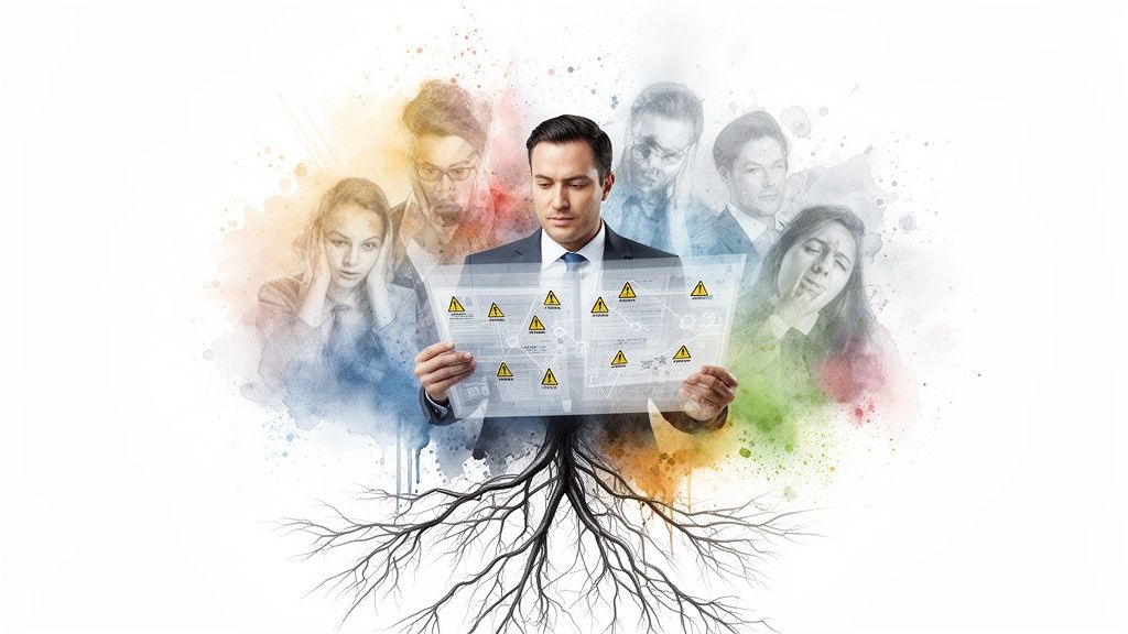 Businessman analyzing a complex problem represented by warning signs and roots, surrounded by stressed individuals.