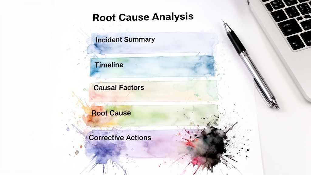 A "Root Cause Analysis" template with watercolor banners for incident, timeline, root cause, and corrective actions.