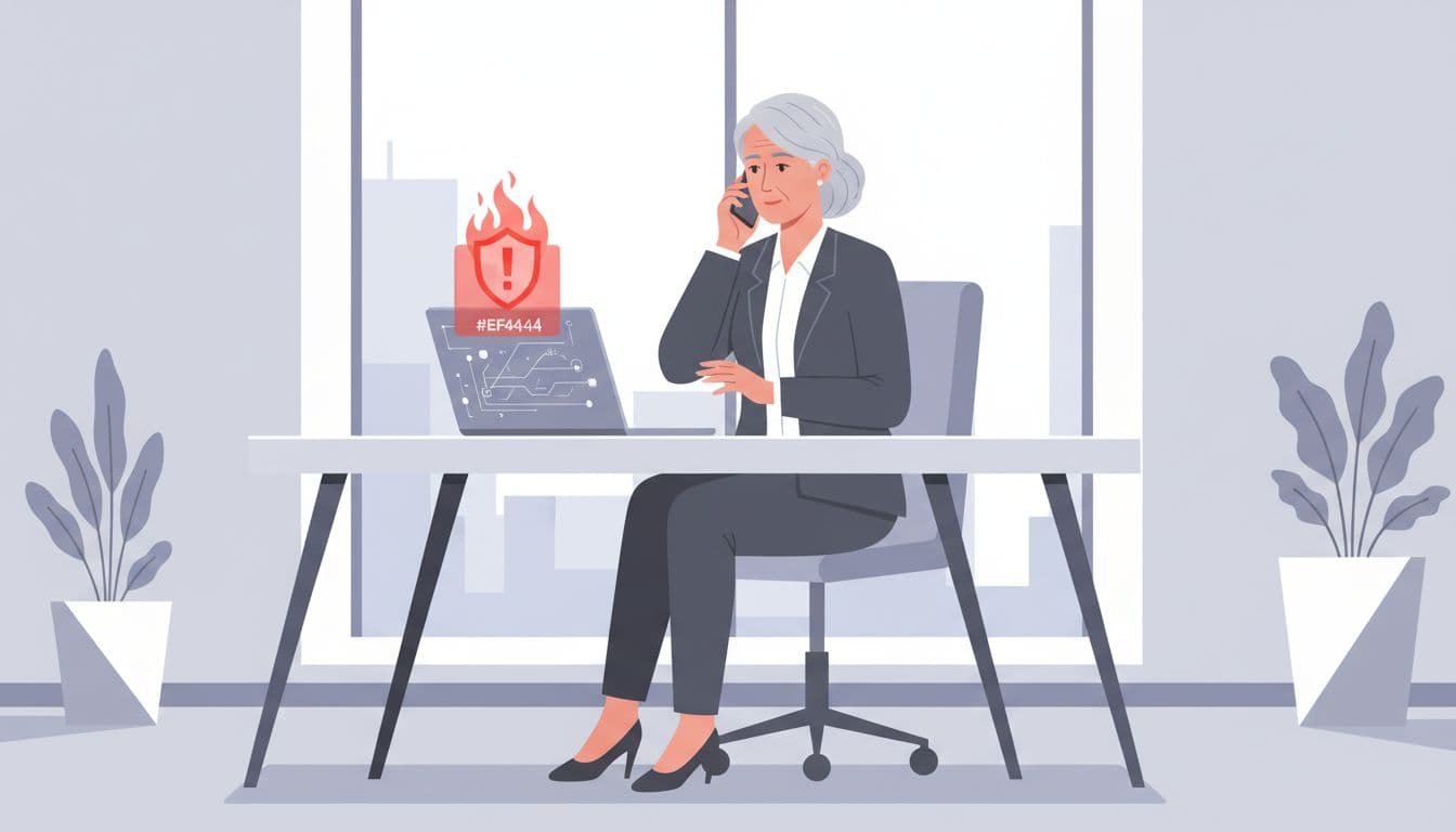 Modern illustration of a senior executive in a modern office, sitting at a desk with a laptop showing a security alert notification and phone in hand receiving a call, with a calm focused expression.