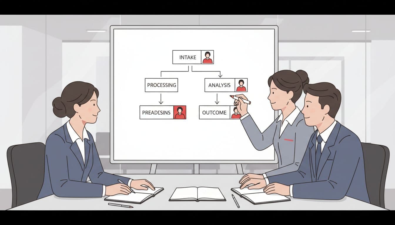 Modern illustration of three executives in a conference room collaboratively building an intake-to-outcome owner map on a whiteboard with simple flowchart stages and person icons.