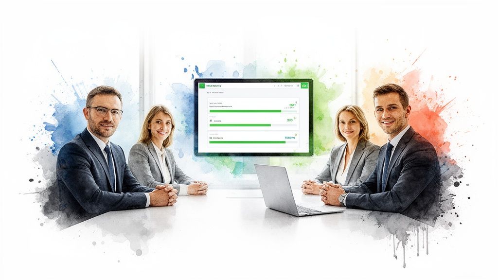 Four smiling business professionals at a table with a laptop and digital display, with colorful watercolor splashes.