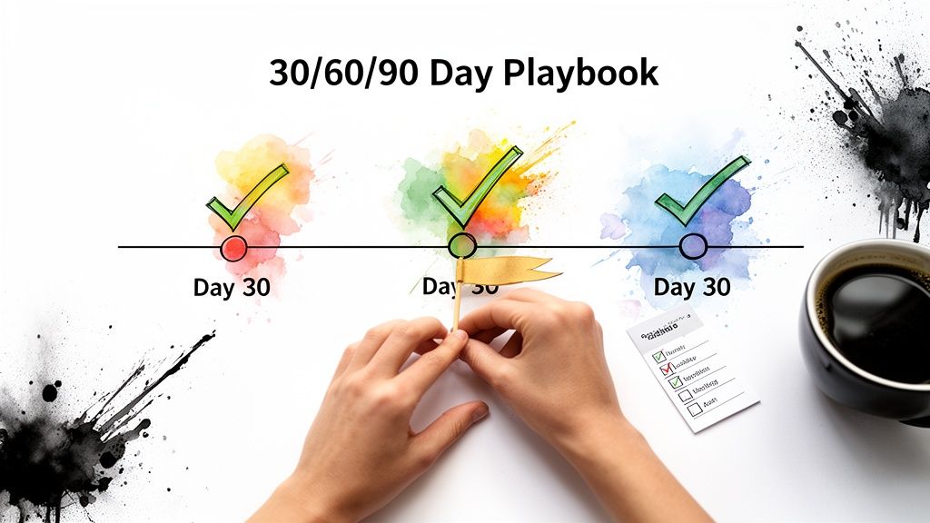 A 30/60/90 day playbook timeline showing progress with checkmarks, hands, and a task list.