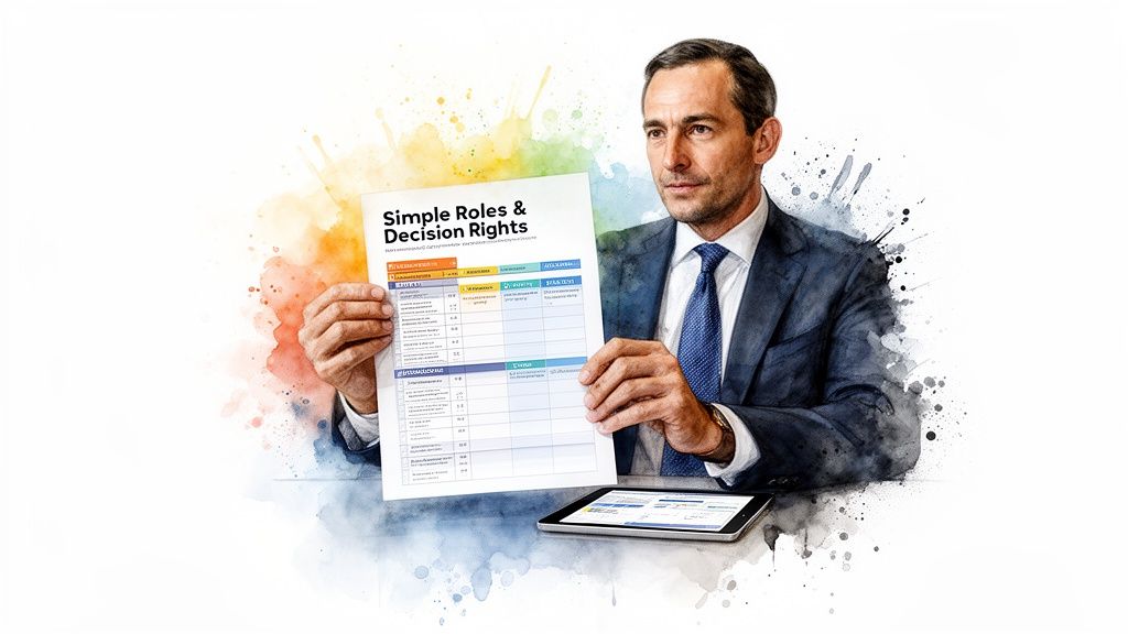 A businessman in a suit holds a document titled 'Simple Roles & Decision Rights' with a watercolor effect.