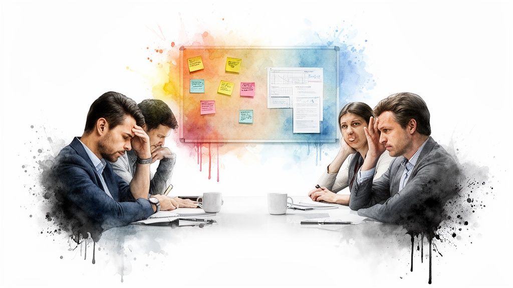 Four professionals looking overwhelmed and frustrated during a meeting, with a whiteboard behind them.