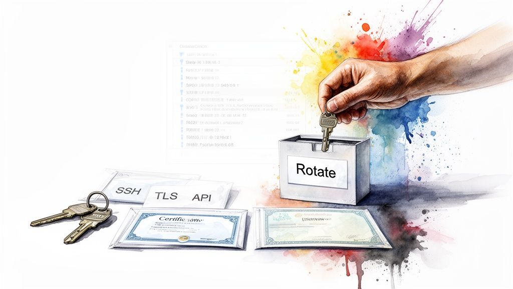 A hand places a key into a 'Rotate' box, symbolizing digital key and certificate management.