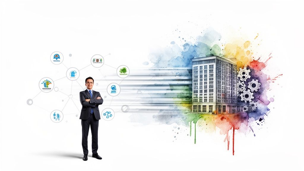 A businessman stands before a network of vendor icons connecting to a building with colorful gears, symbolizing business transformation.