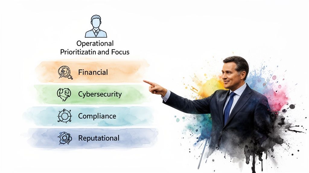 Man pointing to a diagram showing operational priorities: Financial, Cybersecurity, Compliance, and Reputational.