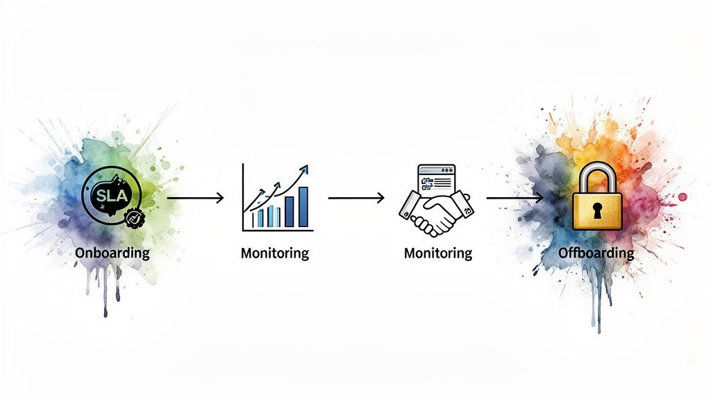 Infographic illustrating a complete vendor lifecycle process: onboarding, continuous monitoring, and secure offboarding.