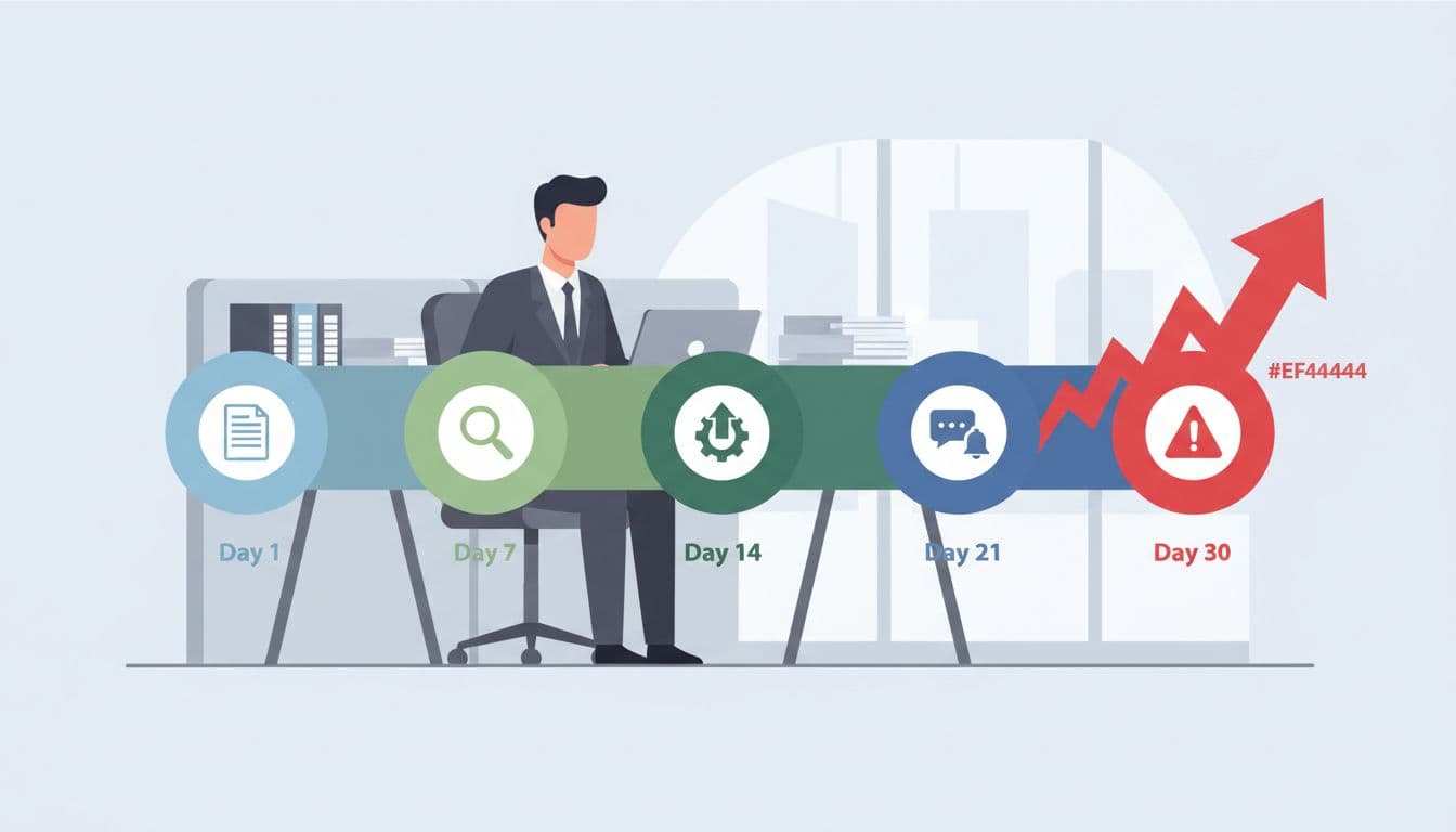 Modern illustration of a horizontal 30-day timeline arrow depicting the conflict check escalation process in a legal aid office, with markers for intake, initial check, supervisor review, follow-up, and auto-escalation to leadership marked by a red alert icon.